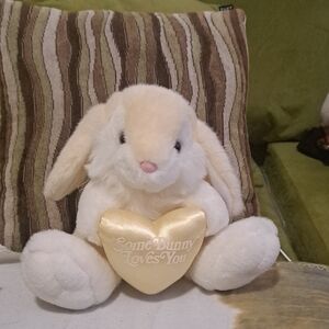 Vintage, Cream and White Plush Bunny with Heart that Says Somebunny Loves You